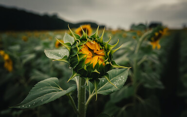Partially opened sunflower bud with water droplets