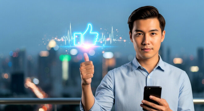 Man holding phone with like icon thumbs up social media marketing digital engagement online communication - Powered by Adobe