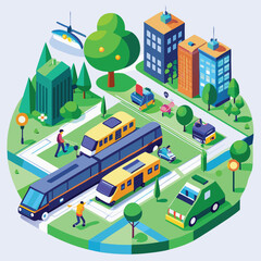 Fototapeta premium Isometric Cityscape with Transportation Buildings and Green Spaces in a Modern Style