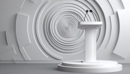 Empty podium with microphones against a minimalist geometric backdrop.