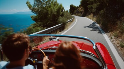 Vintage convertible drives along coastal road with ocean view on sunny day