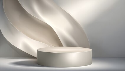 Elegant, round podium with flowing fabric backdrop.
