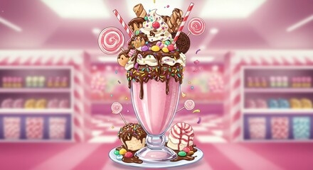 Dreamy Cartoon Milkshake Delight in Candy Shop Sweet Indulgence
