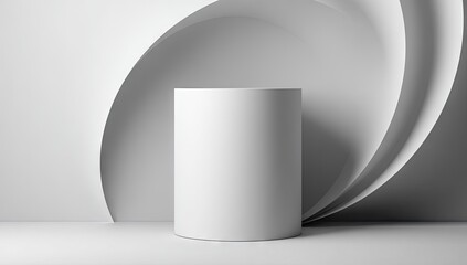 White cylinder display podium against abstract curved backdrop.