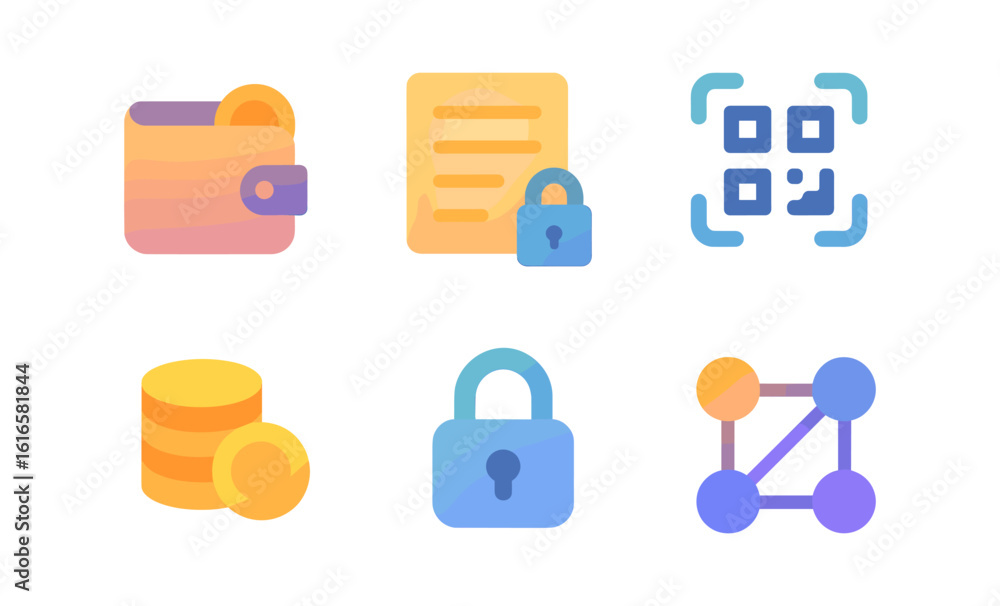 Poster gradient icons of wallet, qr code, and security elements for digital transactions