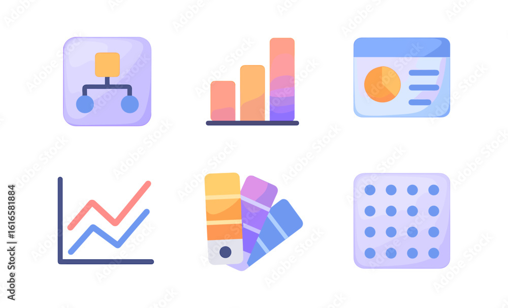 Poster colorful gradient icons featuring analytics and design tools