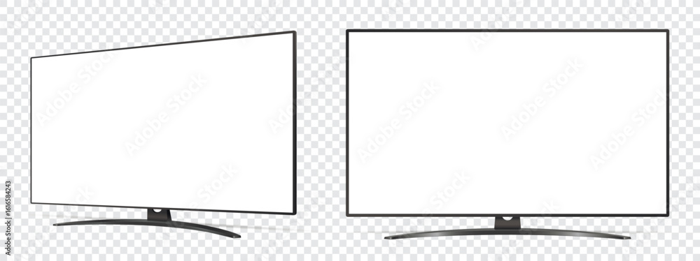 Poster mockup of smart tv. front and side view with white empty screen on transparent background.