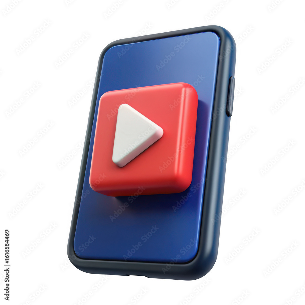 Poster 3d render of smartphone with play button isolated on transparent background