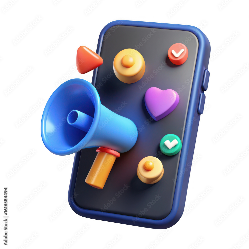 Poster 3d render of megaphone and smartphone app icons isolated on transparent background