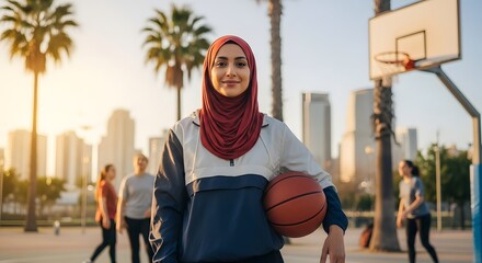 A confident young Muslim woman in a hijab holds a basketball on an outdoor city court at sunset.