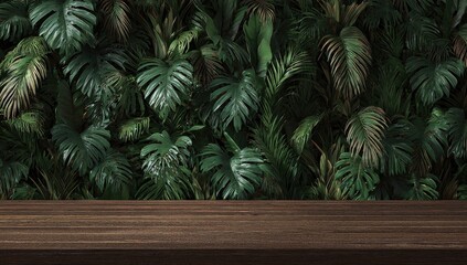 Dark wooden surface with lush tropical foliage background.