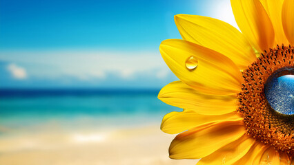 Vibrant Sunflower Bloom by the Ocean Shore with a Water Droplet Reflecting the Sky and Beach Scenery
