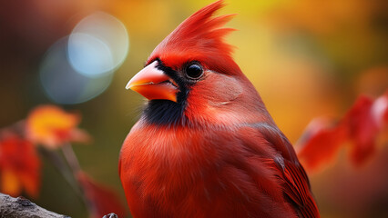 Vibrant Red Cardinal Bird Portrait Amidst Colorful Autumnal Foliage Close Up Detail