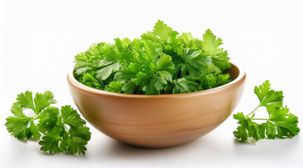 Fototapeta premium Fresh parsley leaves in a wooden bowl on a white background. Perfect for illustrating healthy food, herbs, and natural ingredients in culinary or nutrition-related themes.
