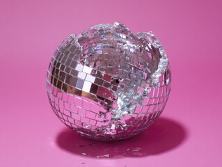 Shattered disco ball on pink background; party aftermath