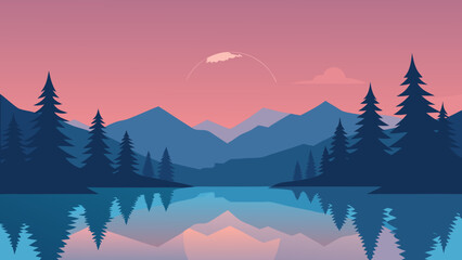 Snow-covered mountain peaks emerge from the morning mist under a colorful sky, with a serene winter forest and lake in the valley below