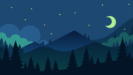 Fototapeta premium Starry night forest landscape with a moonlit sky and silhouette trees