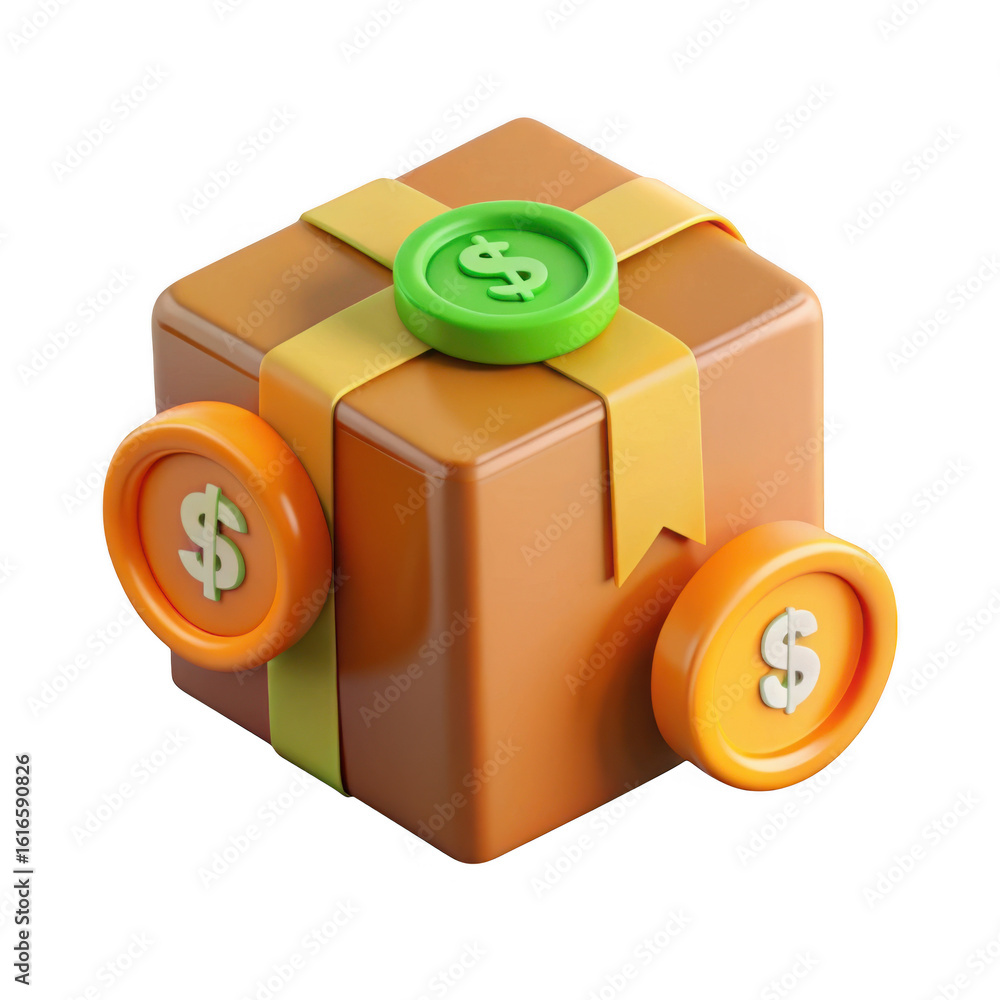 Poster 3d render of gift box with dollar coins isolated on transparent background