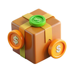3d render of gift box with dollar coins isolated on transparent background