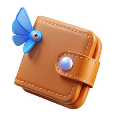 Brown leather wallet with cartoon eye icon isolated on transparent background
