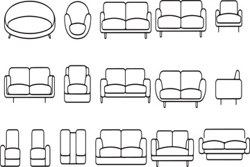 Various sofas and armchairs in black line art couch furniture