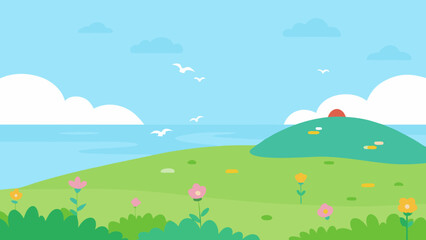 Fototapeta premium Golden summer meadow under a blue sky with wildflowers and distant green hills