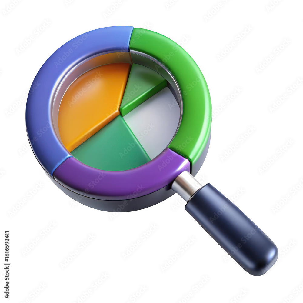 Poster magnifying glass with pie chart inside isolated on transparent background