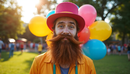 Man with comically oversized beard smiling outdoors at fun fair  