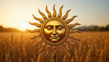 Golden sun sculpture shining in wheat field at sunset, equinox concept  