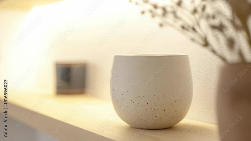 Poster a simple white cup sits atop a rustic wooden shelf, perfect for adding a touch of natural elegance t