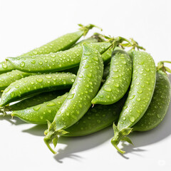 Fresh green snow peas with water droplets on a white background