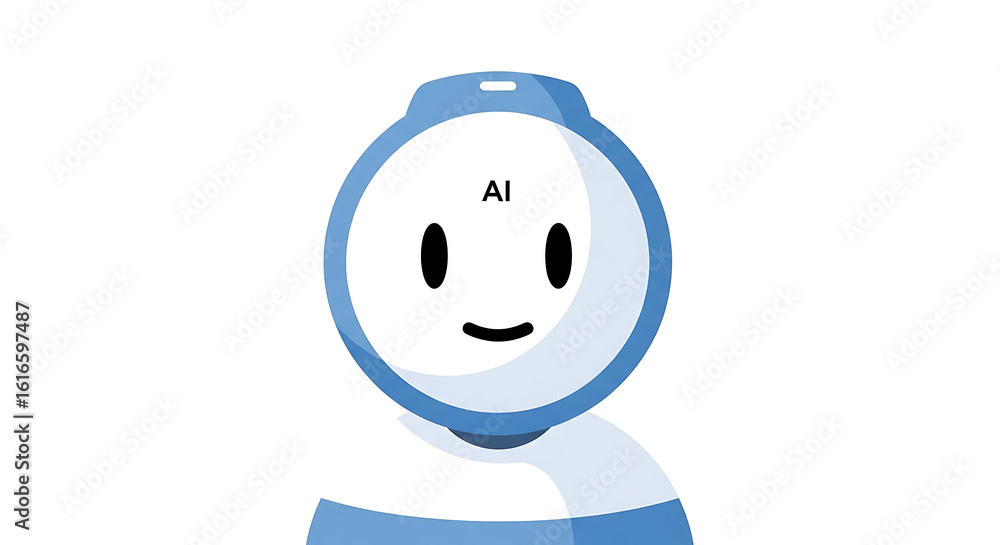 Poster a simple ai robot with a round head and a friendly face on a white background with blue accents desi