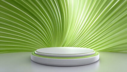 Blank, round, two-tiered podium against a backdrop of light green, radiating lines.