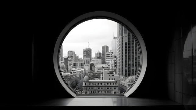 Fototapeta Circular Window Framing a Monochrome Cityscape