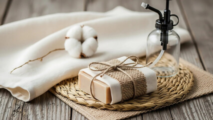 product display eco materials: wooden tray, glass containers, raw cotton threads, straw details and dried plants, neutral background for branding 