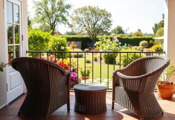 Fototapeta premium Three empty wicker chairs on a sunny terrace overlooking a garden, daylight, bright