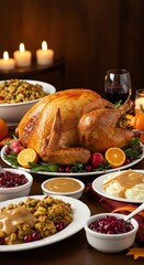 Festive Thanksgiving Feast with Golden Turkey and Holiday Trimmings