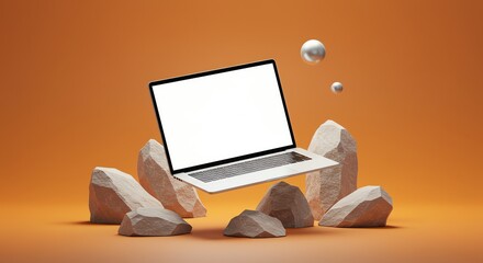 A modern laptop levitates above rocks with spheres against a warm orange background.