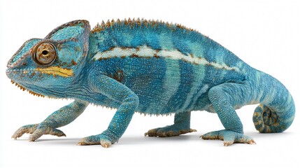 Obraz premium Vibrant Blue Panther Chameleon Lizard on White Background