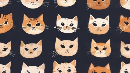 Cute cat faces on dark background