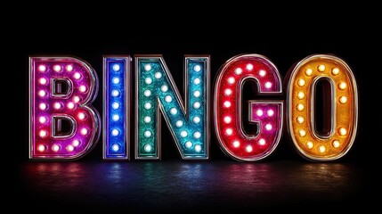 Colorful retro bingo sign with glowing marquee lights on black background in vintage entertainment style
