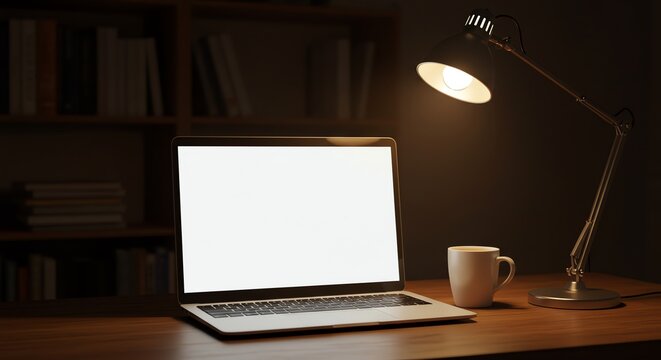 A laptop with a blank screen sits on a desk with a lit lamp and a coffee mug.