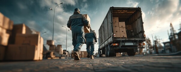 Workers loading boxes into a truck during a logistics operation