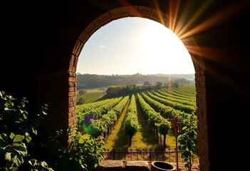 Sunlight streams through an arched window overlooking a lush vineyard, green, vine