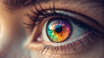 Fototapeta premium Colorful Eye Close-Up with Vibrant Rainbow Reflection and Detail