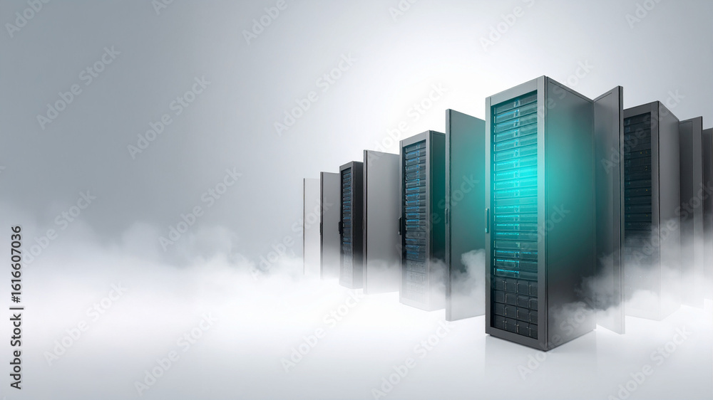 Poster a series of modern server racks with glowing blue lights extends into a soft, ethereal mist on a bri