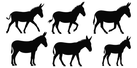 Six black donkey silhouettes captured in various walking poses, illustrating gait cycle and animal movement in minimal side-profile design