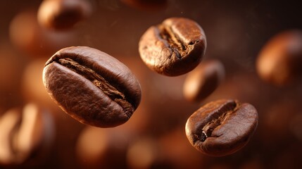 Fototapeta premium floating roasted coffee beans with warm tones and glossy highlights