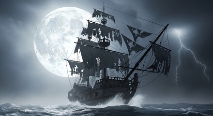 Ghost ship sailing stormy ocean moonlight