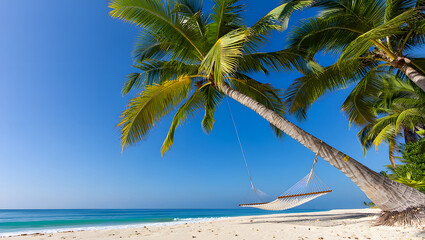 Obraz premium Tropical Beach Paradise with Palm Trees and Hammock offering Relaxation and Tranquility under Clear Blue Sky Perfect for Summer Vacation